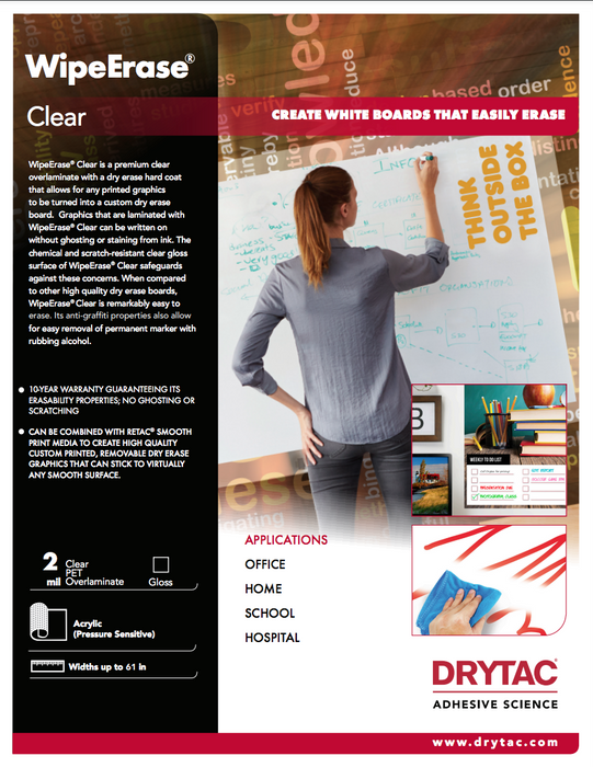 Drytac WipeErase Clear PET Dry Erase Laminate Film, 2mil