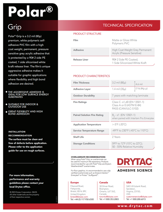 Drytac Polar Grip Premium Vinyl for Low Energy Surface, Concret Wall, 3.2mil, 7 years