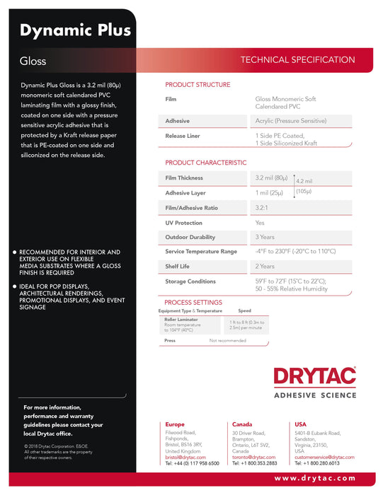 Drytac Dynamic Plus Laminate PVC, Gloss/Matte, 3.2mil, 3 Years Outdoor
