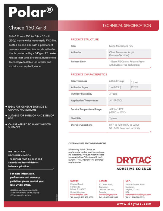 Drytac Polar Choice 150 Air 3, 6mil for Stickers, Matte, 3 Years