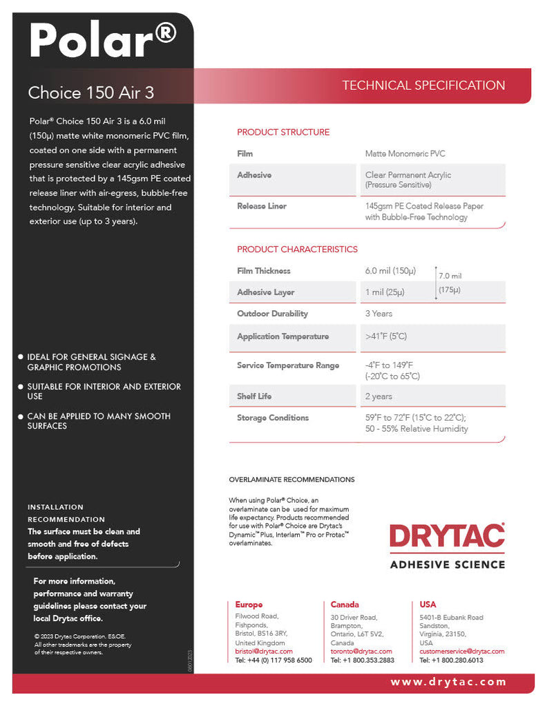 Drytac 6 mil Polar Choice Sticker Vinyl for Roland BN-20, BN-20A, BN2 ...