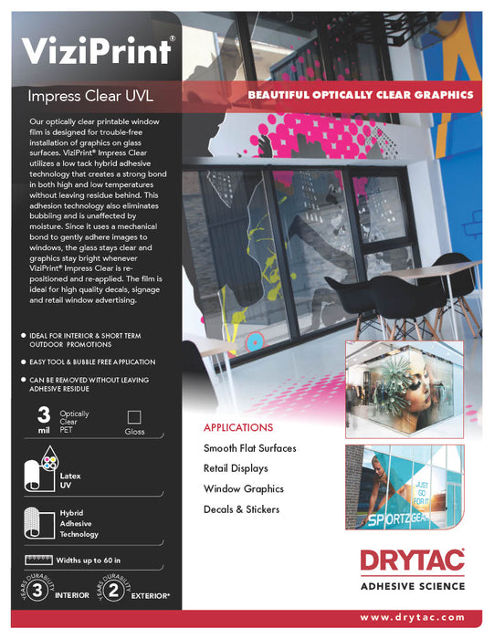 Drytac ViziPrint Impress Clear optically PET film for Window, 3Mil, 3 Years
