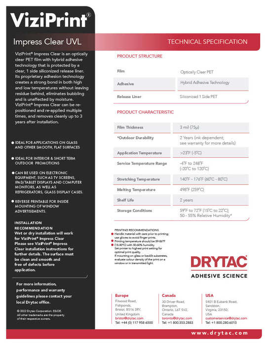 Drytac ViziPrint Impress Clear optically PET film for Window, 3Mil, 3 Years