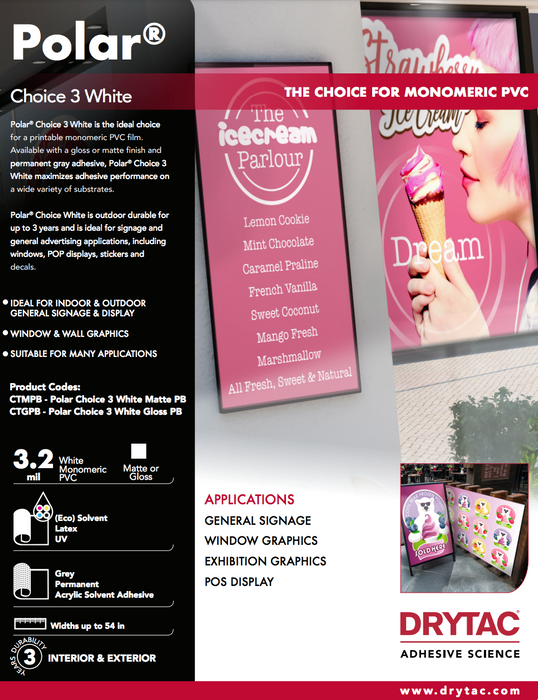 Drytac Polor Choice 3 White Vinyl, Gloss/Matte, 3.2mil, Grey Back