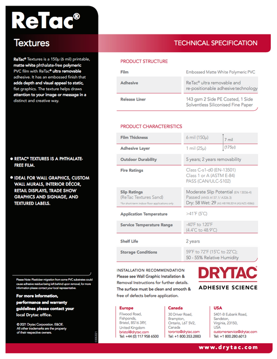 Drytac Retac Texture Vinyl for Wall, 6mil
