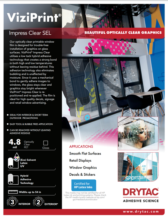 Drytac ViziPrint Impress Clear optically PET film for Window, 3Mil, 3 Years