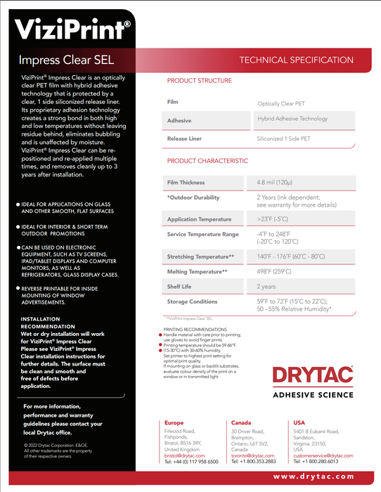 Drytac ViziPrint Impress Clear optically PET film for Window, 3Mil, 3 Years
