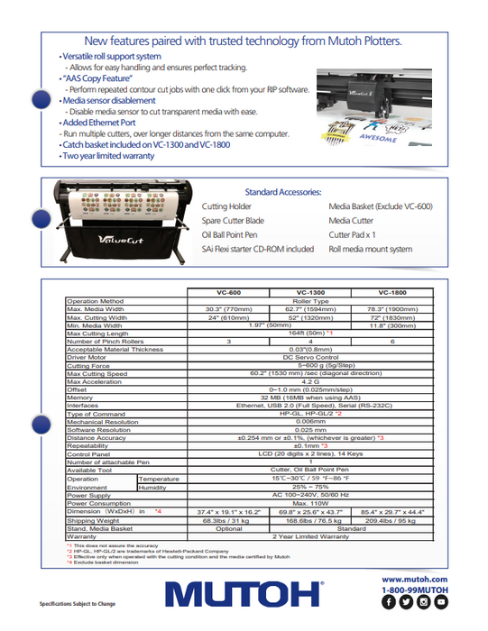Mutoh ValueCut2 VC-600, VC-1300, VC-1800 Cutting Plotters