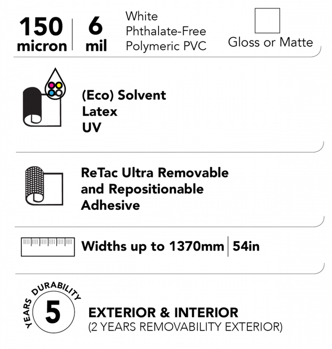 Drytac ReTac Smooth 150 Premium Vinyl for Wall, 6mil, 5 Years
