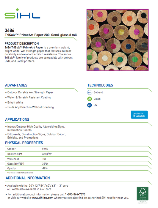 Sihl 3686 TriSolv™ PrimeArt Poster Paper, Semi-Gloss, 8mil