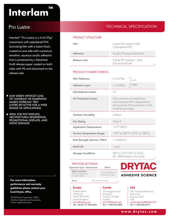 Drytac Interlam Pro Laminate, Lustre, 4mil, 54" x 150'